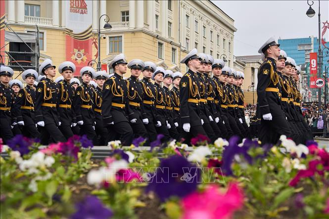Quân nhân tham gia lễ duyệt binh kỷ niệm 80 năm Ngày Chiến thắng phát xít tại thành phố Vladivostok, vùng Viễn Đông Nga ngày 9/5/2025 - Ảnh: TTXVN