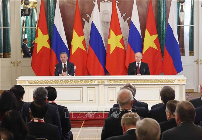 Chiều 10/5 (giờ địa phương), Tổng Bí thư Tô Lâm và Tổng thống V.Putin đã phát biểu với báo chí - Ảnh: TTXVN