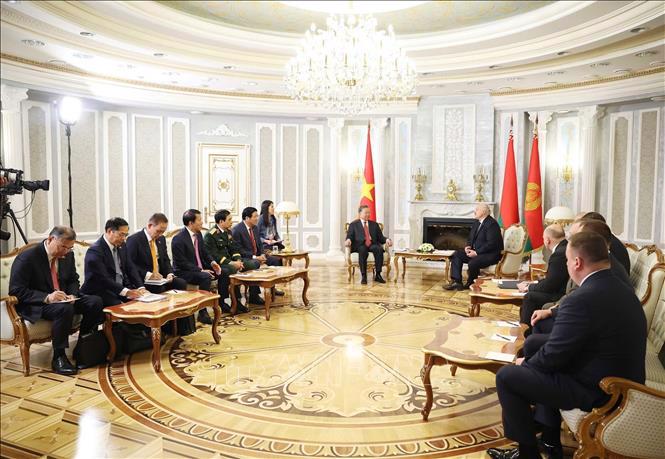 Tổng Bí thư Tô Lâm hội đàm hẹp với Tổng thống Belarus A.Lukashenko -Ảnh: TTXVN