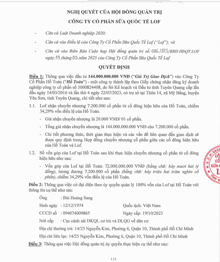 Sữa Quốc tế Lof đầu tư 144 tỷ vào Công ty cổ phần Hồ Toản - Ảnh 1