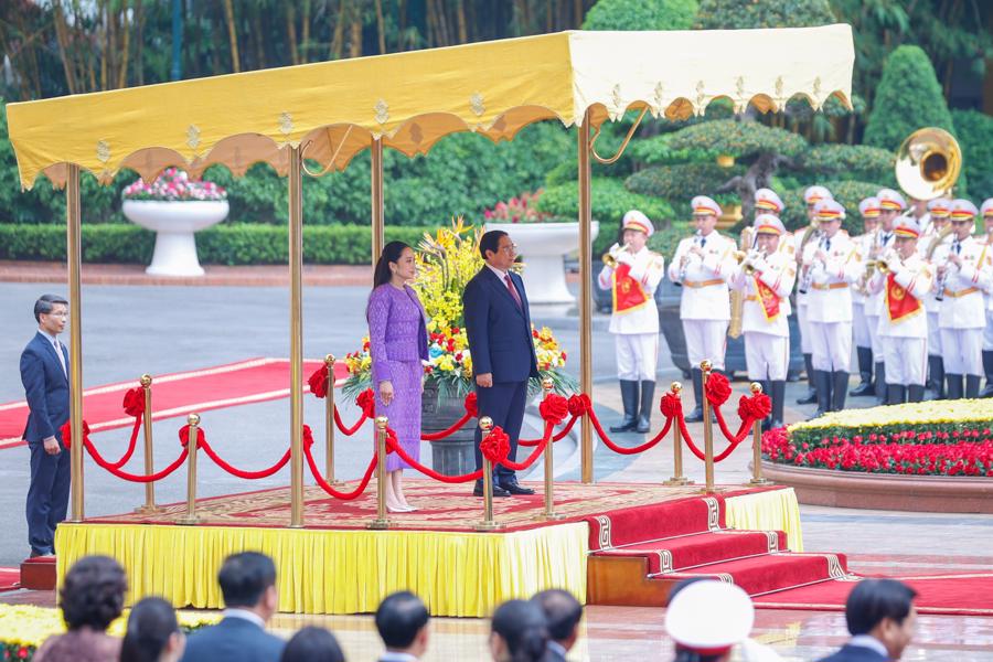 Thủ tướng Phạm Minh Chính chủ trì lễ đón chính thức Thủ tướng Thái Lan Paetongtarn Shinawatra thăm Việt Nam - Ảnh: VGP
