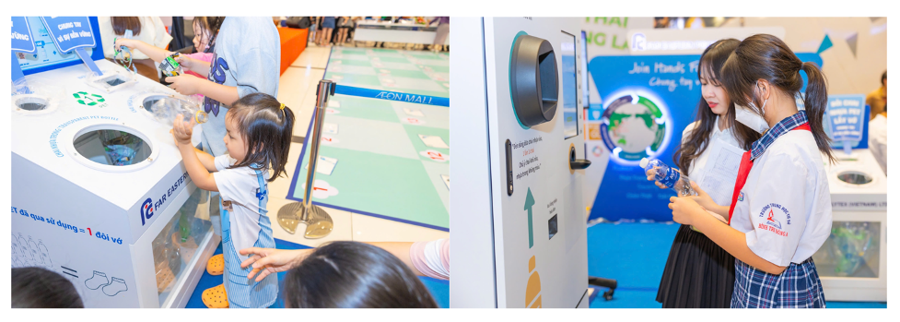 Children take part in hands-on bottle processing activities and try game bet88 Reverse Vending Machine at AEON MALL Binh Tan.