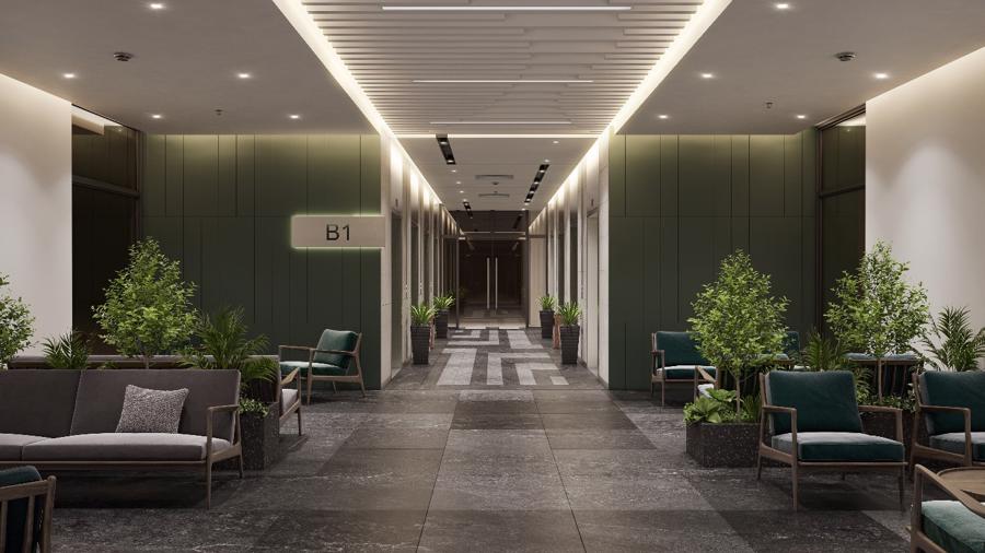 Sảnh đón tầng hầm Sky Retreat với 9 thang máy.