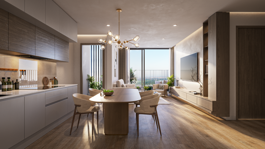 Phòng khách và bếp căn hộ điển hình tại Sky Retreat.