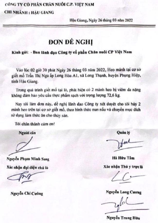 Biên bản tiêu thuỷ thịt lợn ghi ngày 26/3/2022 với chữ ký của nhiều người, trong đó có cán bộ thú y địa phương, được ông Cường trình với đoàn kiểm tra.