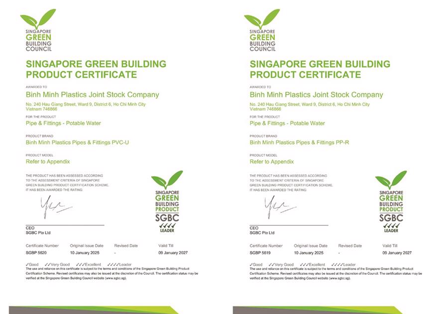 Nhựa Bình Minh đạt chứng nhận Sản phẩm Xanh Singapore (SGBP) ở mức cao nhất - Dẫn đầu (4 Ticks - Leader) cho sản phẩm PVC-U và PP-R.