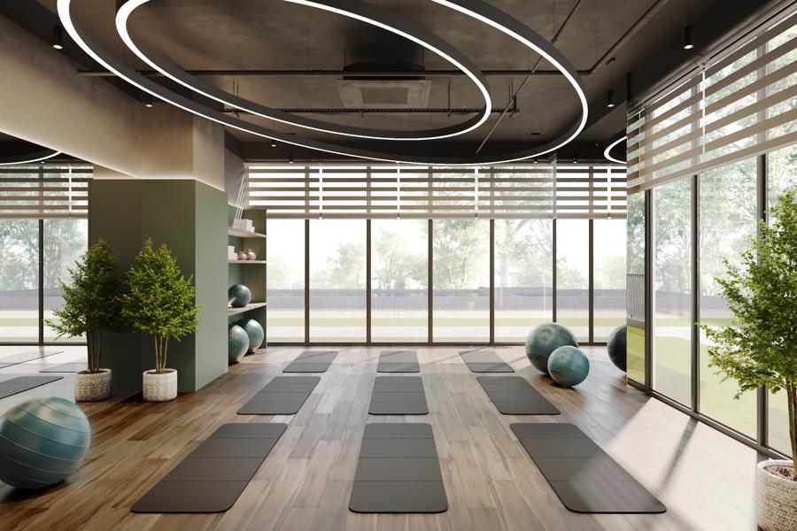 Phòng yoga với trang thiết bị hiện đại cho cư dân trưởng thành.