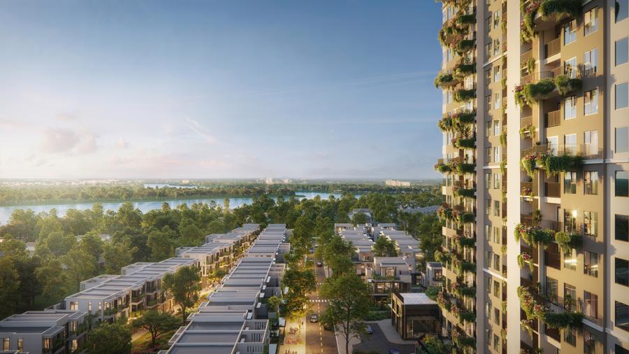 Một góc tổ hợp bất động sản cộng hưởng Sky Retreat với 221 sản phẩm thấp tầng xunh quanh khối đế.
