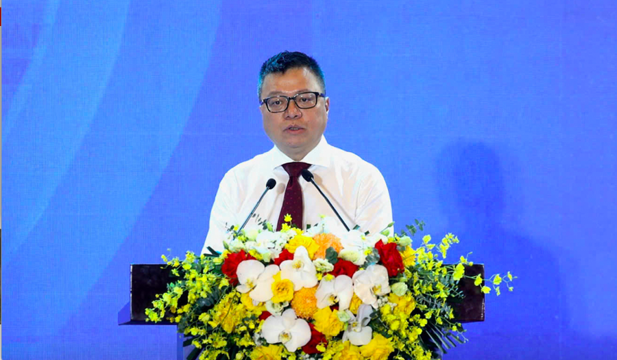 Chủ tịch Hội Nhà báo Việt Nam, Tổng biên tập báo Nhân dân Lê Quốc Minh, phát biểu khai mạc Hội báo 2025 - Ảnh: TTXVN.