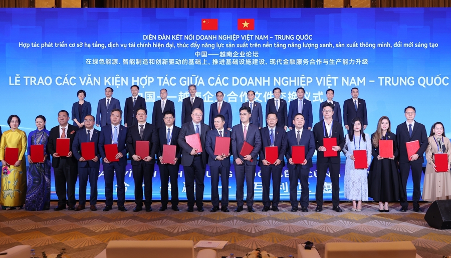 Thủ tướng và các đại biểu đã chứng kiến lễ trao 9 biên bản ghi nhớ hợp tác giữa các doanh nghiệp hai nước - Ảnh: VGP