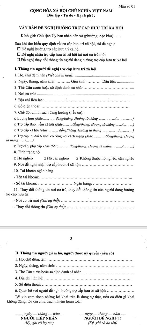 Văn bản đề nghị hưởng trợ cấp hưu trí xã hội. 