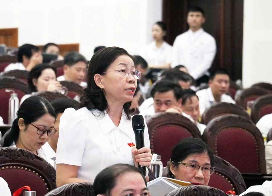 Đại biểu Nguyễn Thị Thêu đặt câu hỏi tại phiên chất vấn. Ảnh: Thương Huyền.
