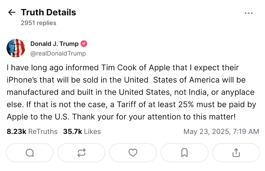 Tổng thống Trump đe dọa đánh thuế 25% đối với iPhone của Apple