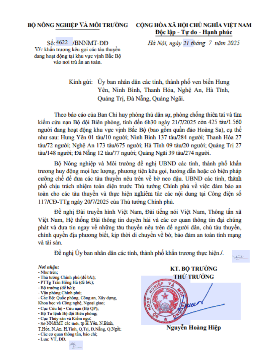 Công văn của Bộ Nông nghiệp và Môi trường.