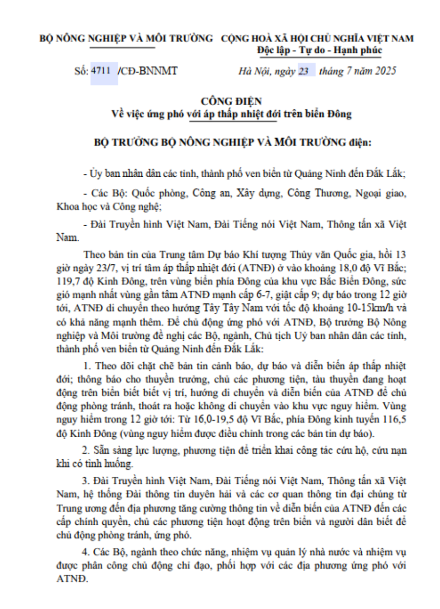 Công điện của Bộ Nông nghiệp và Môi trường.