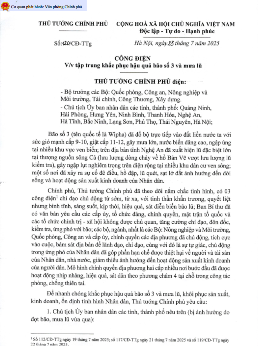Công điện của Thủ tướng Chính phủ.