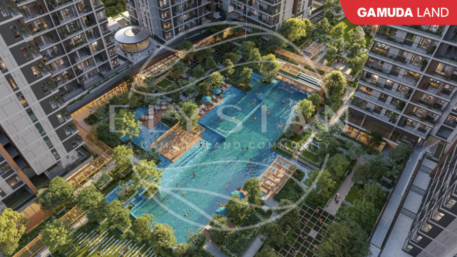 The Elysian high-end apartments complex features over 40 premium amenities, a 6,800 sq m botanical landscape, and 1,190 sq m of water surfaces 