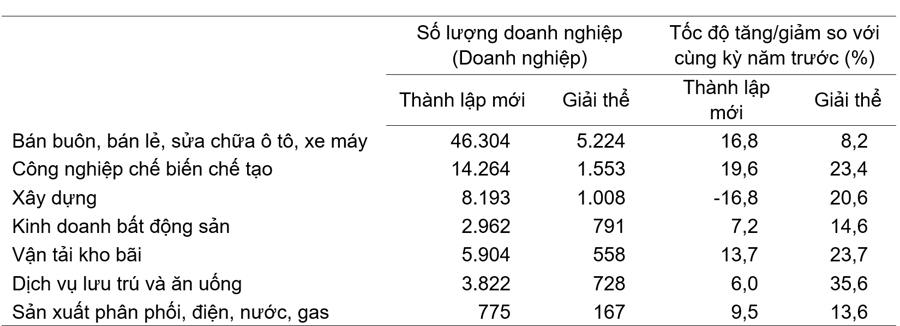 Doanh nghiệp thành lập mới và giải thể 7 tháng năm 2025 phân theo một số lĩnh vực hoạt động. Nguồn: Cục Thống kê.