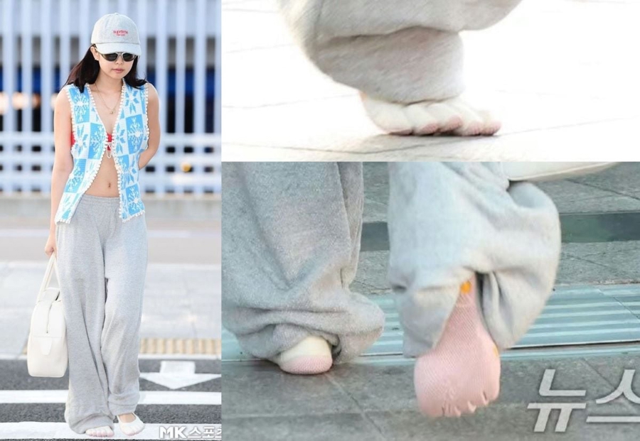 Jennie xuất hiện với đ&ocirc;i Vibram V-Soul FiveFingers ở s&acirc;n bay hồi th&aacute;ng trước.